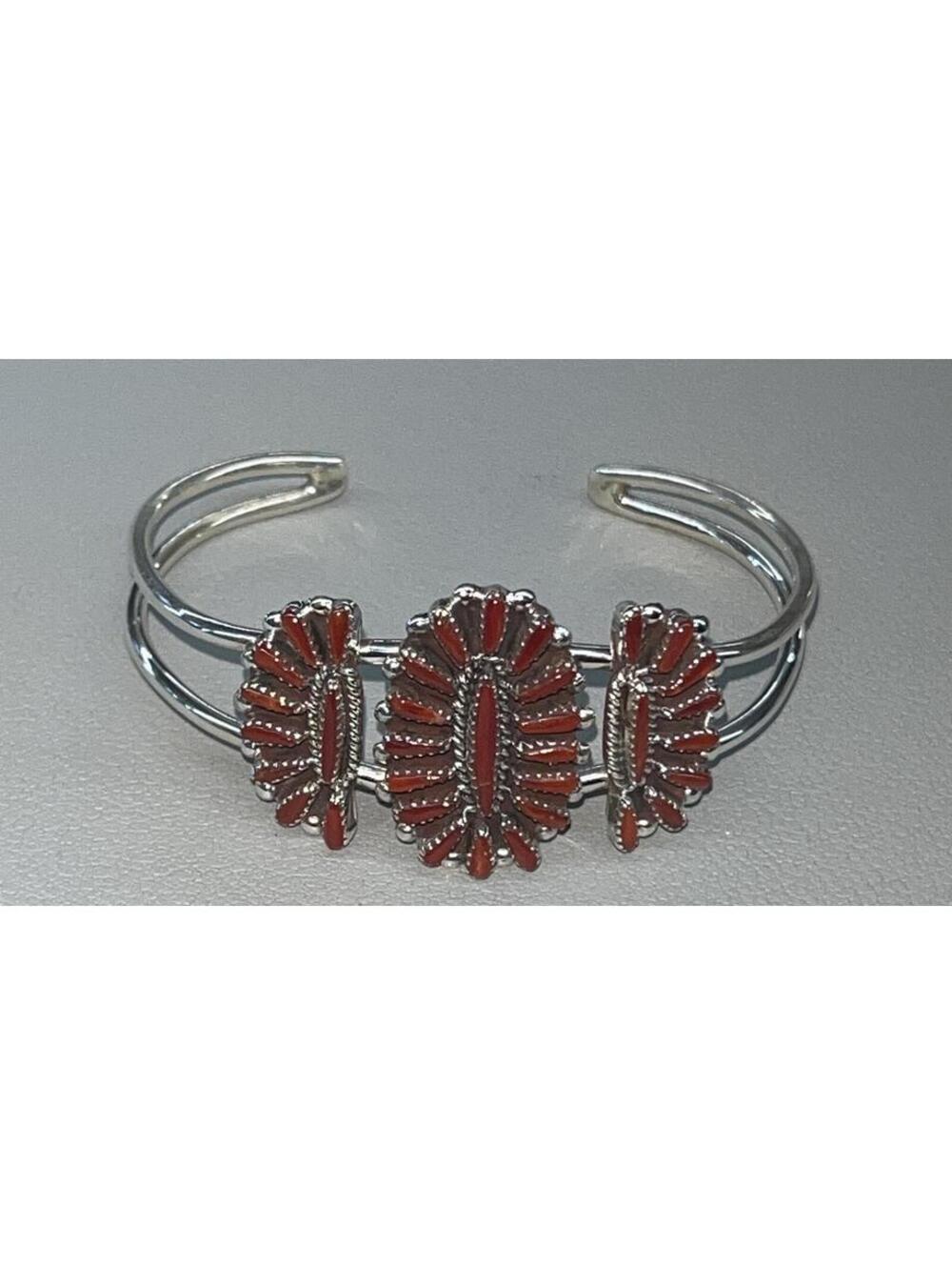 Native American Zuni bracelet sterling silver red coral cuff needlepoint